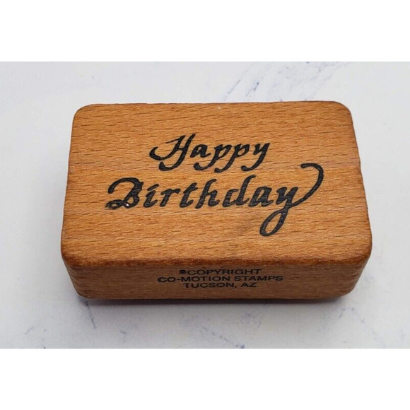 Comotion Happy Birthday Cursive Script Wood Mounted Rubber Stamp - Picture 1 of 7